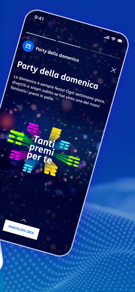 MyTIM app screen showing the Sunday Party loyalty rewards promotion.