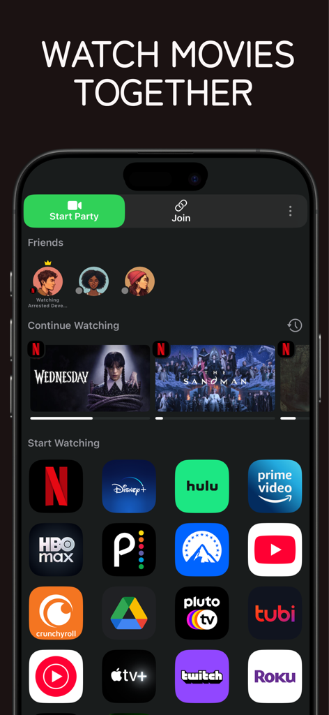 Hearo app interface showing a list of streaming services and options to start a watch party with friends.