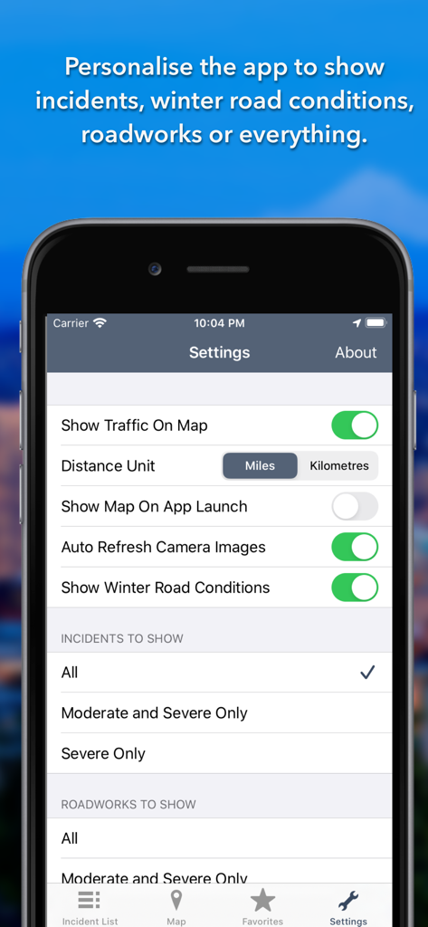 Settings screen of the Oregon Roads Traffic app featuring personalization options for traffic incidents and winter road conditions
