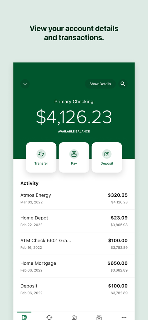 Connexus CU Mobile App interface showing primary checking account balance and recent transaction activity
