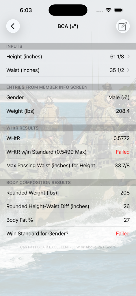 Navy PFA Calc app displaying Body Composition Assessment results.