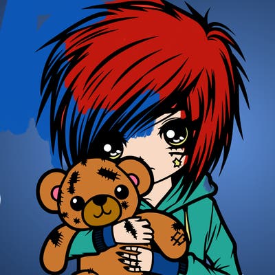 emo girl holding a ripped teddy bear