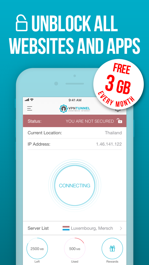 VPNTunnel – Private VPN Spot - Interface de l'application VPNTunnel sur iPhone montrant la fonctionnalité de déblocage de tous les sites Web et l'offre de 3 Go de trafic mensuel gratuit