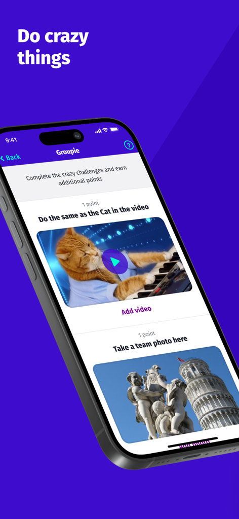 Roadgames: travel games - Interfaz de la aplicación Roadgames que muestra desafíos de fotos y videos de Groupie para una búsqueda del tesoro de viajes