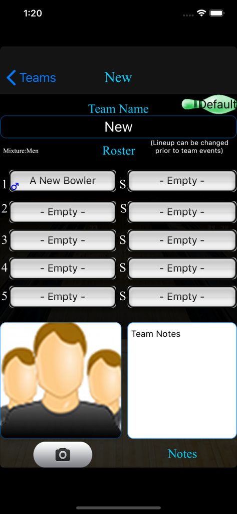 BowlSheet® - Interface of BowlSheet app for setting up a new bowling team roster with slots for players and notes.