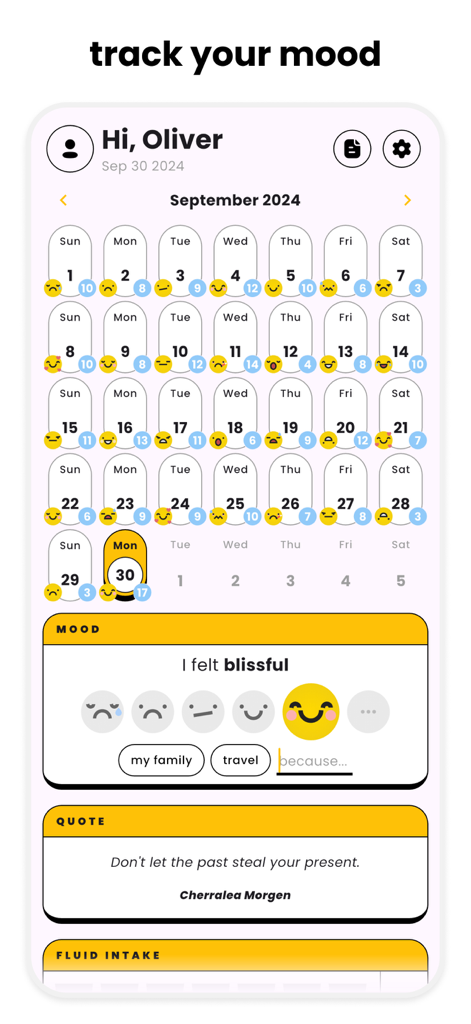 Gratsy - Self-Care, Your Way - Gratsy app screen showing a monthly mood tracking calendar and daily journal reflection