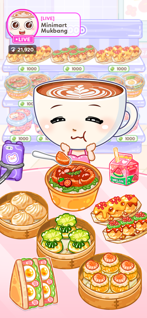 딤섬과 타코야키 등 다양한 맛있는 음식을 가지고 먹방 라이브스트림을 하는 귀여운 캐릭터