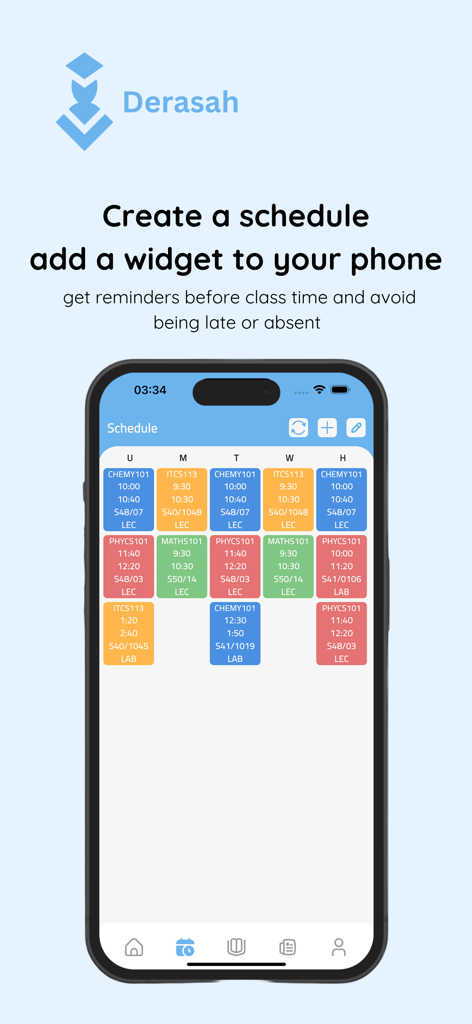 Derasah - Interface do calendário de aulas semanal no aplicativo Derasah com blocos de cursos codificados por cores