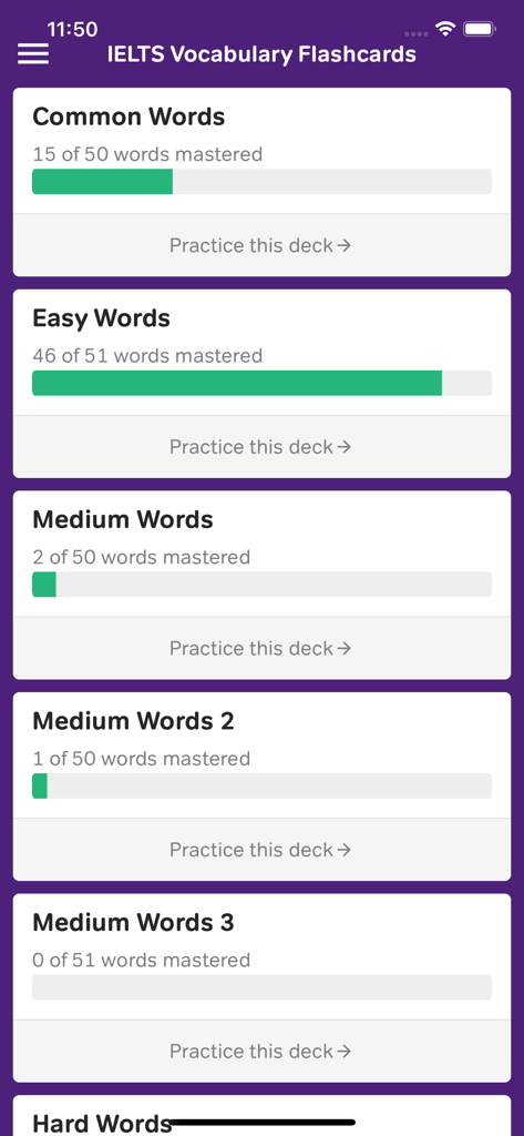 List of IELTS vocabulary flashcard decks by difficulty with progress tracking