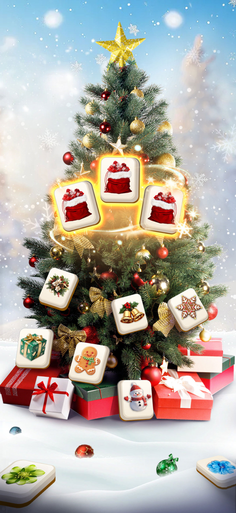 Zen Blossom: Flower Tile Match - 산타 자루와 겨울 장식이 있는 축제 타일 매치 게임 플레이가 특징인 장식된 크리스마스 트리 배경.