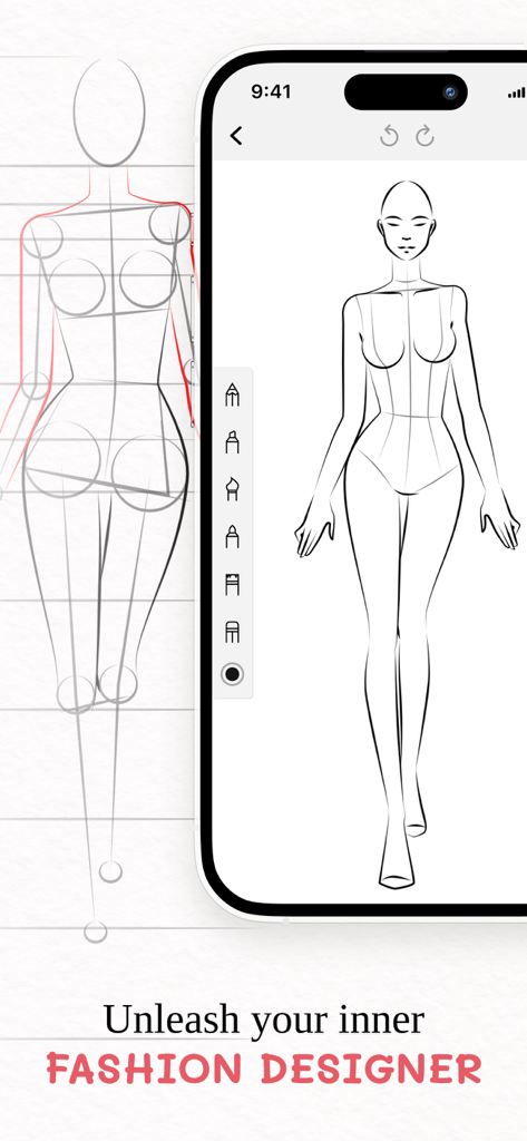 Mobile app interface of Fashion Illustration Design showing a female croquis template for sketching outfits.