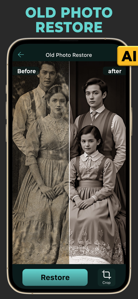 AIで修復された古い家族のポートレートの、比較前後の表示