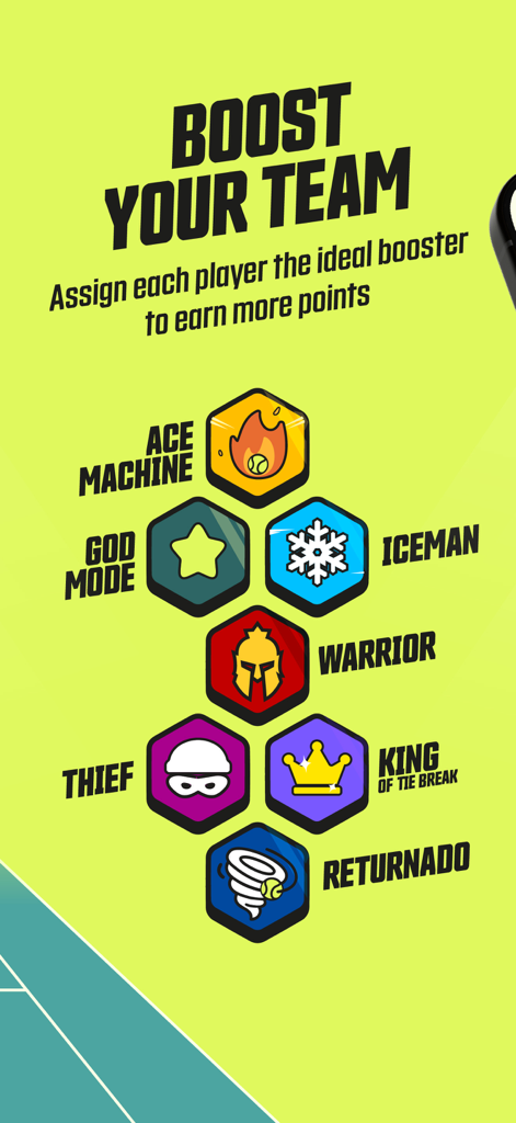 Ace Cream - Fantasy Tennis - various player boosters available in the ace cream fantasy tennis app to maximize points