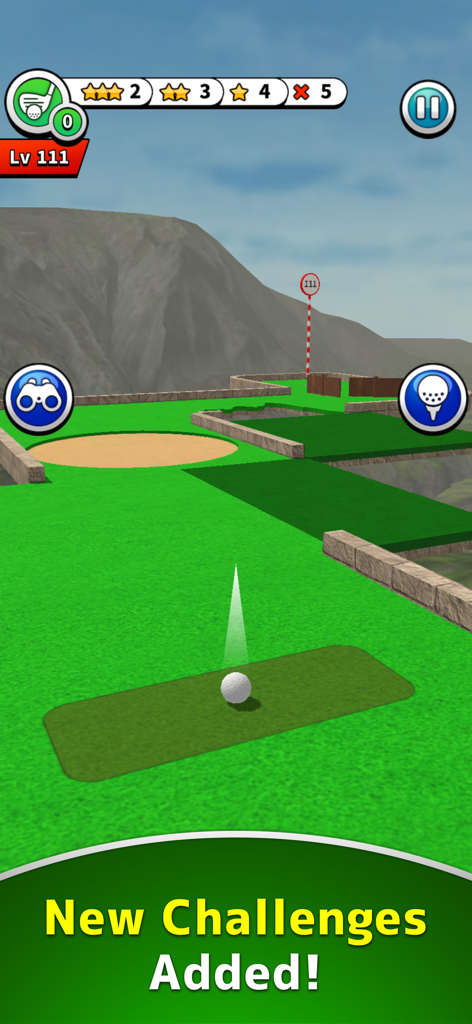 Gameplay of Mini Golf 1000 showing a 3D mini golf course with a ball on the green and a new challenges announcement.