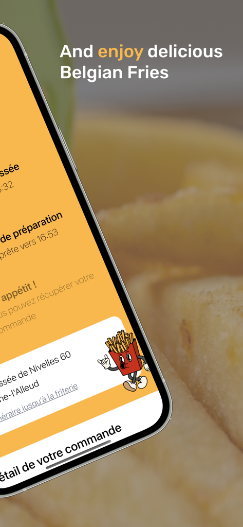 Fritzyアプリの画面。ベルギーフライドポテトの注文確認とテイクアウト情報が表示されている。