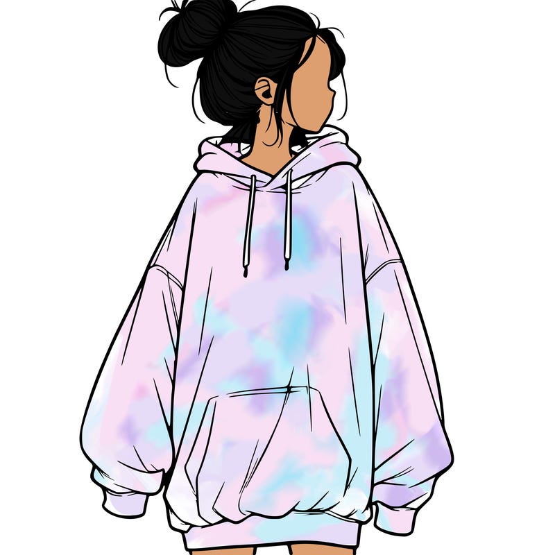 realistic girl with a oversized sweatshirt on and a bun