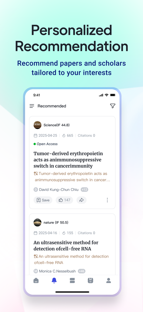 Bohrium - Bohrium 앱의 모바일 인터페이스는 주요 과학 저널의 추천 학술 논문에 대한 개인화된 피드를 보여줍니다.