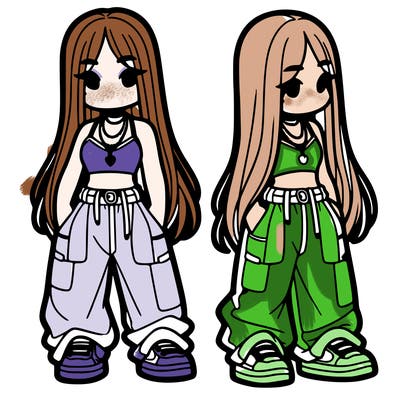 girl in baggy pants crop top and long hair