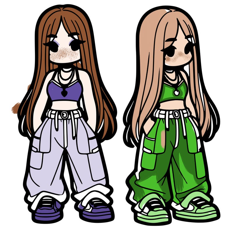 girl in baggy pants crop top and long hair