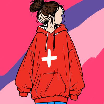 realistic girl with a oversized sweatshirt on and a bun