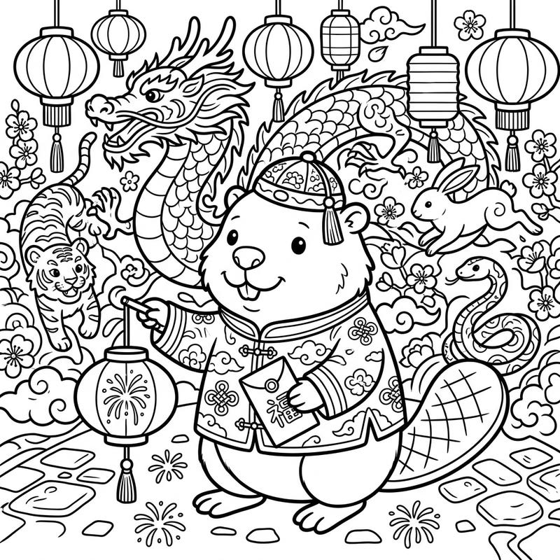 This charming coloring page depicts a beaver celebrating Lunar New Year, adorned in festive traditional attire. Explore a vibrant scene filled with intricate dragons, lanterns, and other zodiac animals awaiting your creative touch.