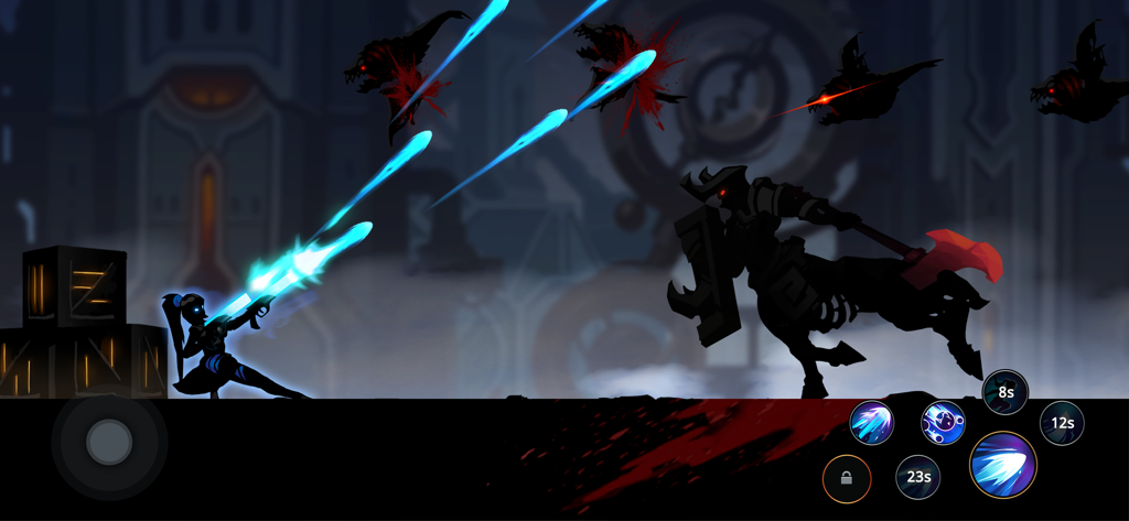 Shadow Knight Ninja Fight Game - Eine Silhouette-Figur, die blaue Projektile auf einen großen Zentaur-Boss im Spiel "Shadow Knight Ninja Fight Game" abfeuert