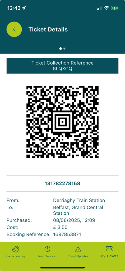 Translink Planner - Digital train ticket with QR code on the Translink Planner mobile app for a journey from Derriaghy to Belfast