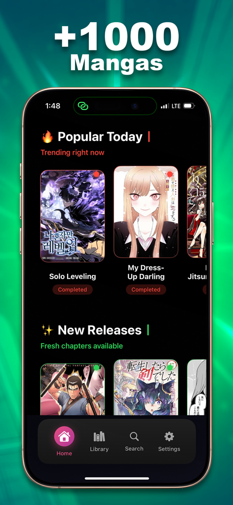Manga Reader: Webtoon - Home screen of the Manga Reader app featuring popular manga titles and categories like Solo Leveling and My Dress-Up Darling.