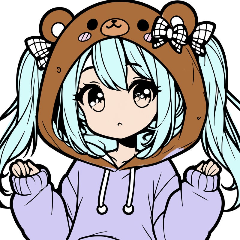 cute anime girl with ponytails and a cute bear hoodie