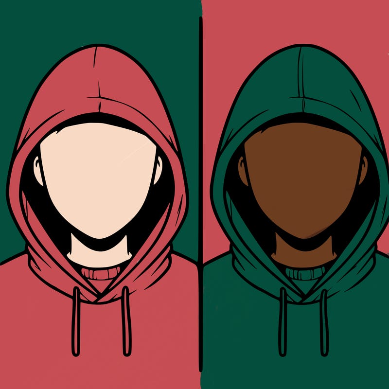 a person with a hoodie and no face, the drawing is split in 2
