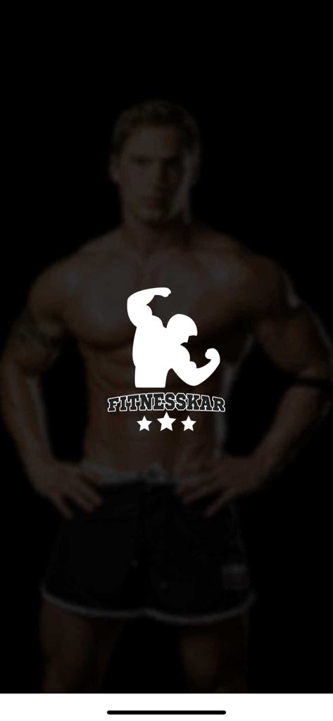 Fitnesskar app splash screen with bodybuilding logo and a muscular man silhouette in the background
