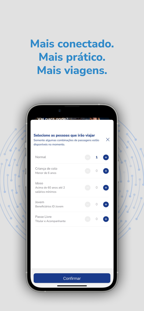 Mobile screen of the Guanabara app showing options to select the number and category of passengers for a bus trip