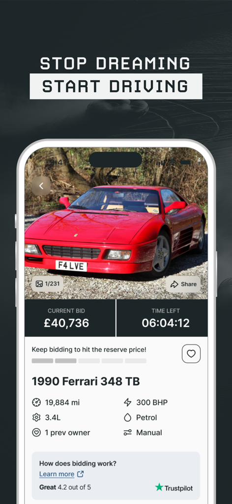 Screenshot of the PistonHeads app showing an auction listing for a classic red Ferrari with technical specifications and bidding details