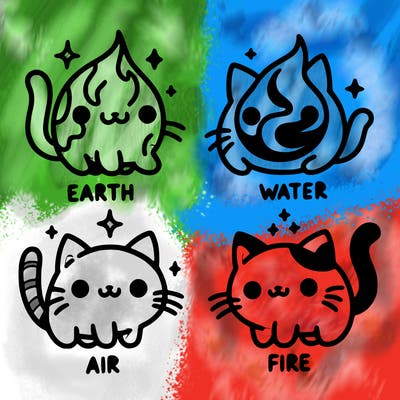 4 cats that represent the different elements, earth, water, air, and fire