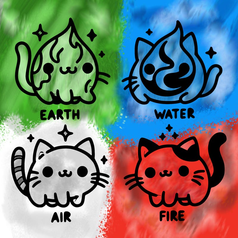 4 cats that represent the different elements, earth, water, air, and fire