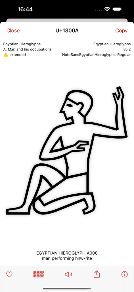 Unicode Pad Pro with keyboards - Detailed view of Egyptian hieroglyph A008 showing its Unicode hex code and description