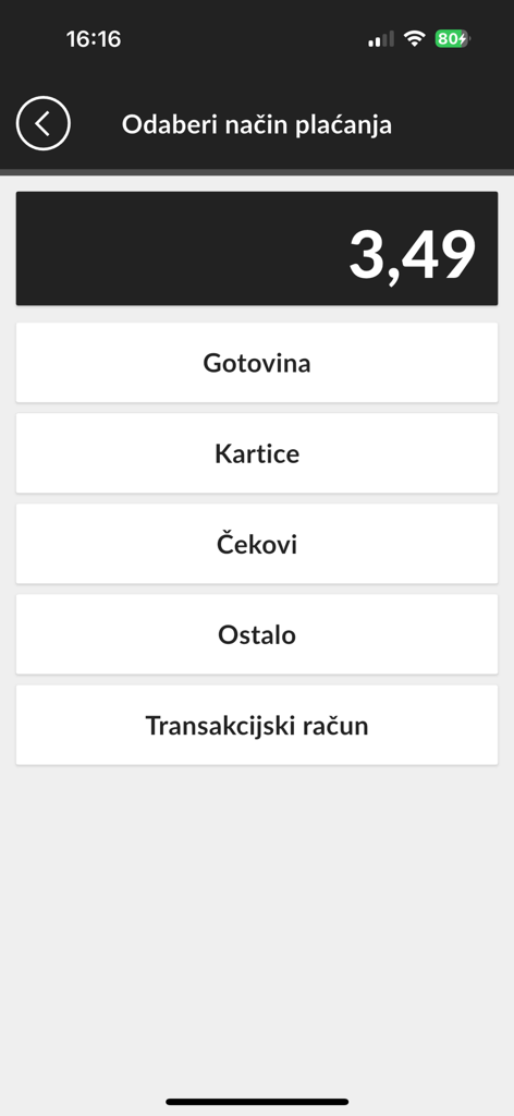 Mobilna fiskalna - Mobile App-Oberfläche, die Zahlungsmethoden wie Bargeld, Karten und Schecks für einen Fiskalbeleg anzeigt
