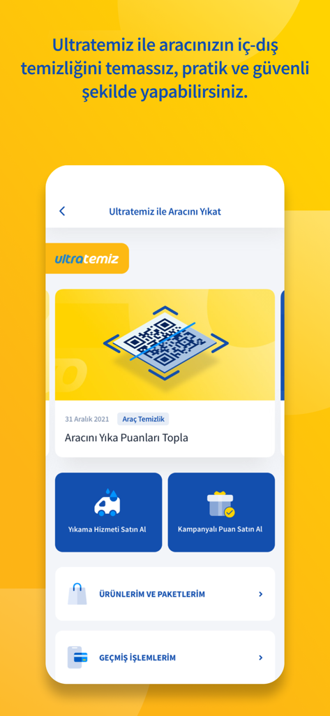Opet Mobil - Opet Pay'le Kazan - Interface de l'application Opet Mobil présentant les options du service de lavage auto Ultra Clean et la fonction de lecture de code QR