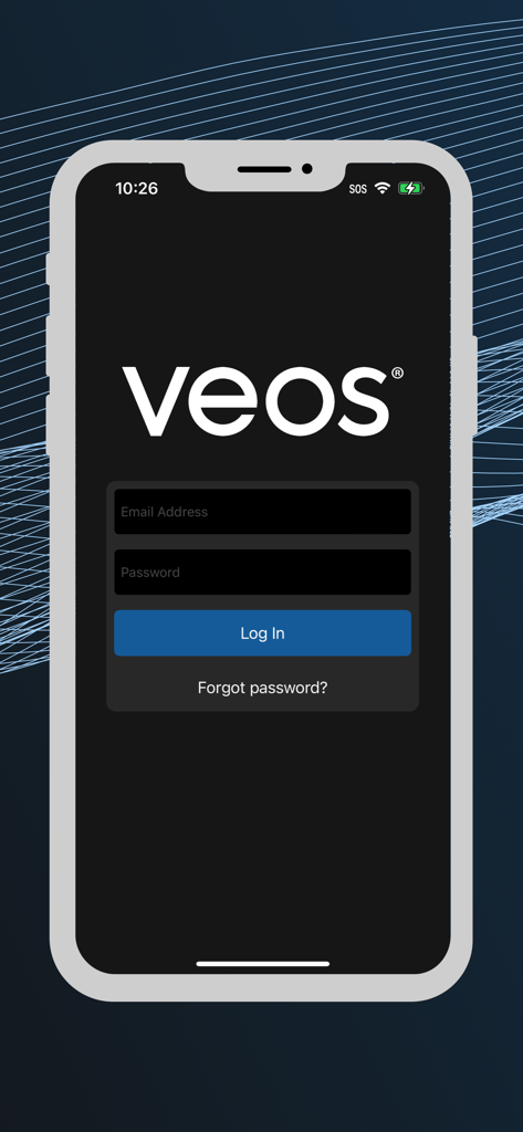 VEOS® DermaGraphix® - VEOS DermaGraphixモバイルアプリのログイン画面。iPhoneにメールとパスワードのフィールドが表示されています。