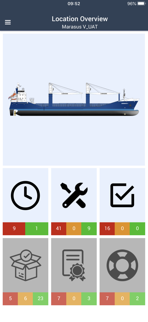 Painel do aplicativo móvel Marad mostrando uma visão geral da embarcação marítima com ícones de status de manutenção e inventário