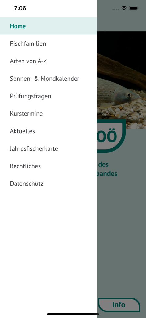 Fische OÖ - Schonbestimmungen - Side navigation menu of the Fische Ooe fishing app with categories like fish species and exam questions.