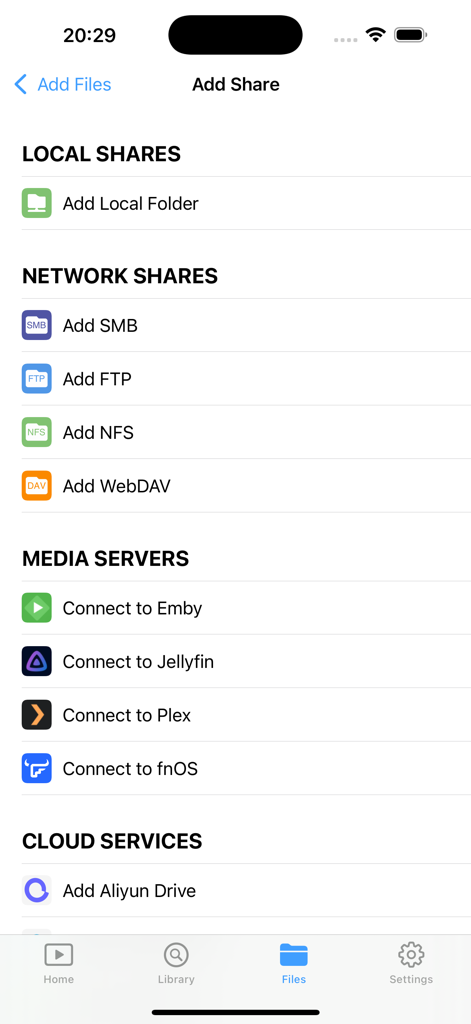 BeeJoy app screen showing options to add local folders, network shares like SMB and FTP, and media servers including Emby, Jellyfin, and Plex