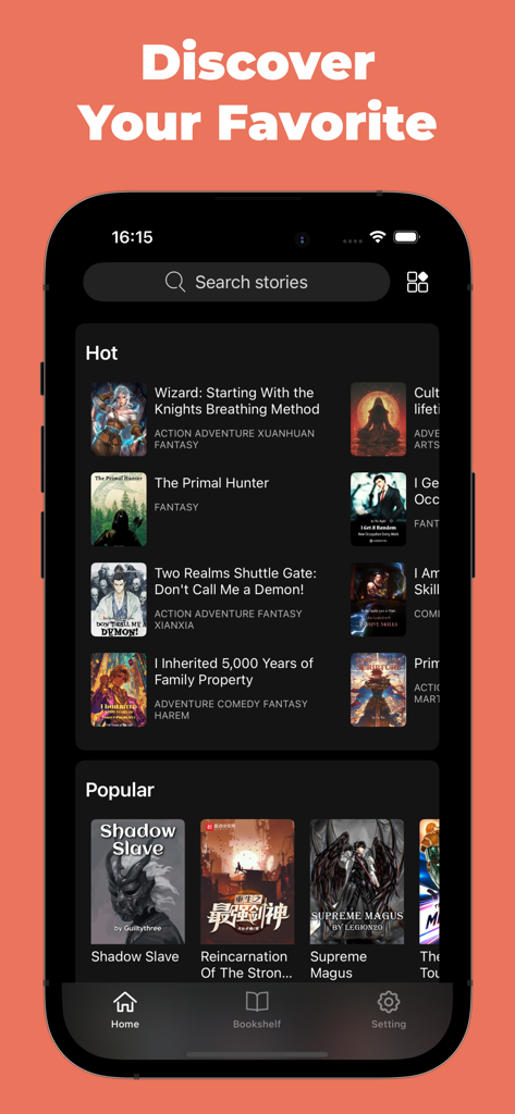 NovelFull app home screen showing hot and popular web novel titles and a search bar