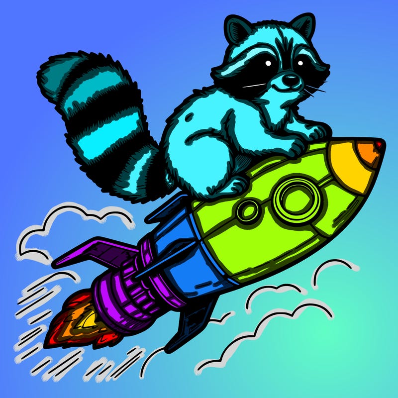 realistic raccoon flying on top rocket ship
