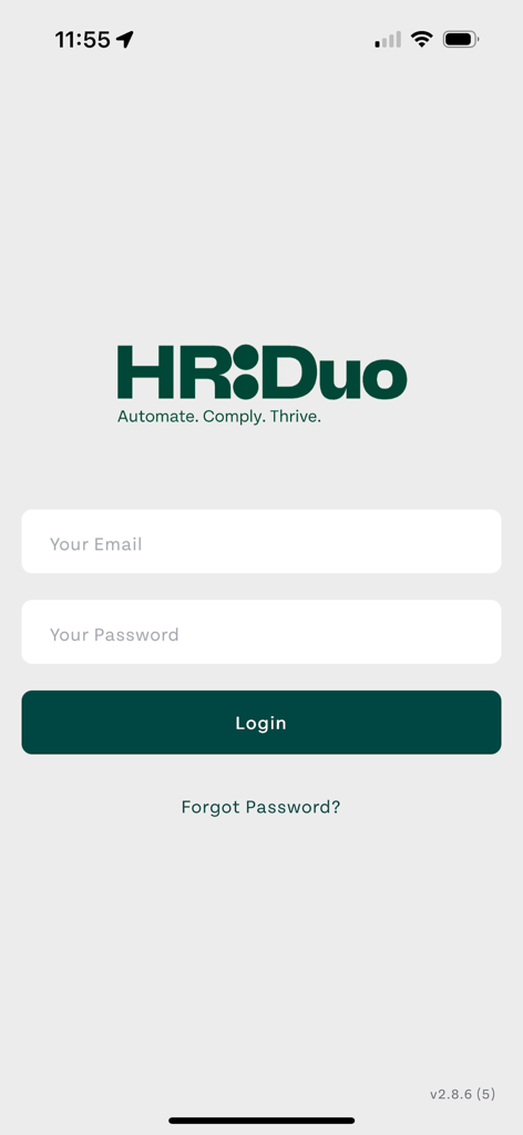 HR Duo Go - Login screen of the HR Duo Go app showing fields for email and password