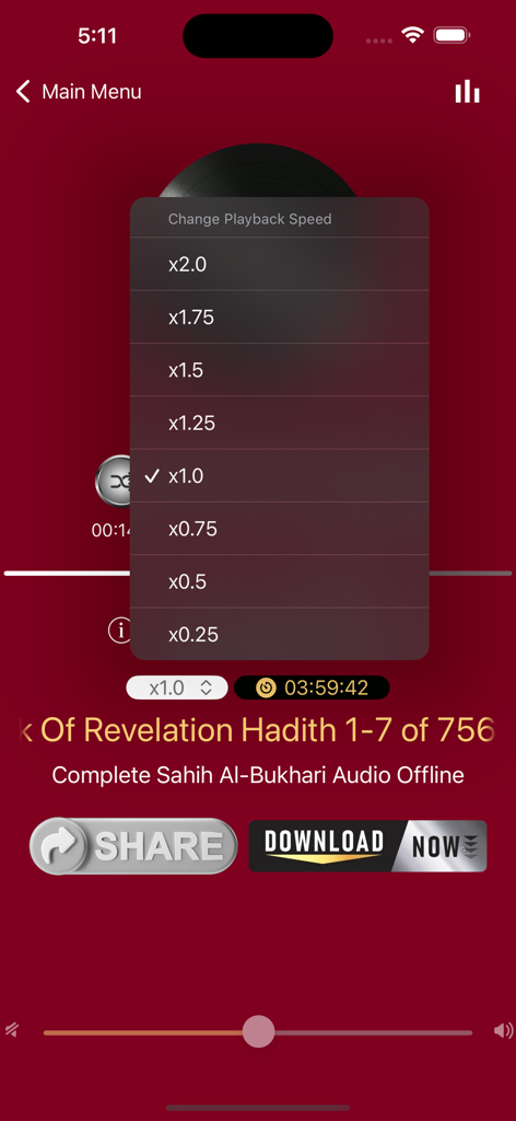 Interface showing audio playback speed settings in the Sahih Bukhari English app
