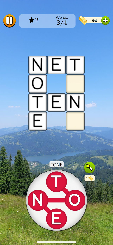 Word Tangle - Word Game - A screenshot of Word Tangle gameplay showing a crossword grid and a letter wheel over a mountain landscape background.