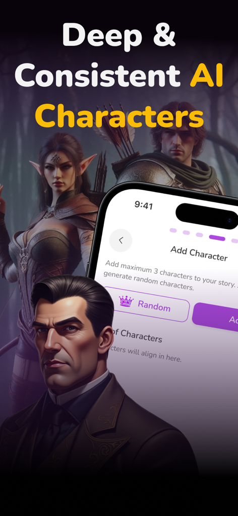 StoryNow AI app interface showing the deep and consistent AI characters generation feature with fantasy character illustrations
