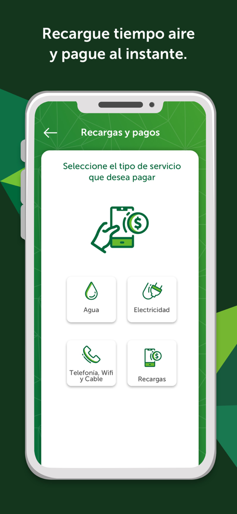 Pantalla de la app Billetera Movil mostrando opciones de pago de servicios públicos para agua, electricidad y servicios telefónicos.