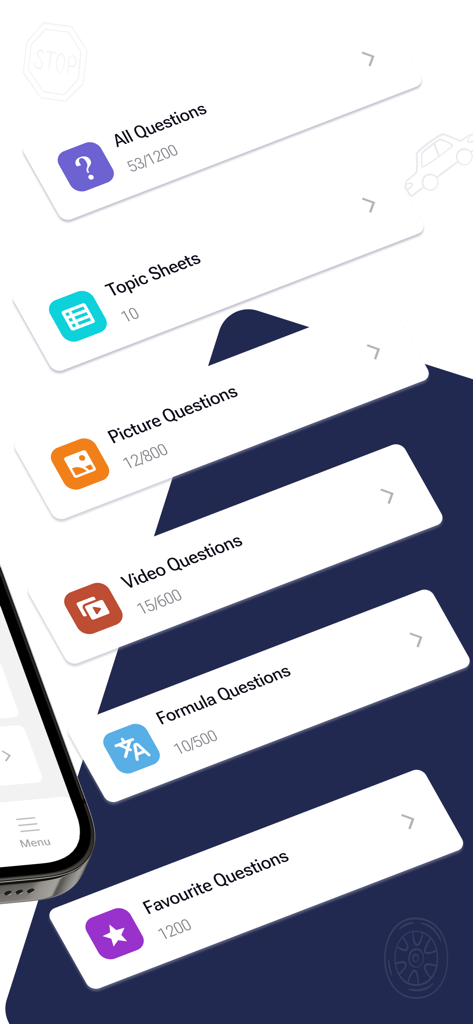 Menu of driver's license practice test categories including picture and video questions